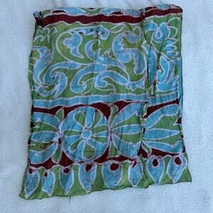 Hand Batik Scarf 100% Pure Silk Blue Green Brown Rectangle